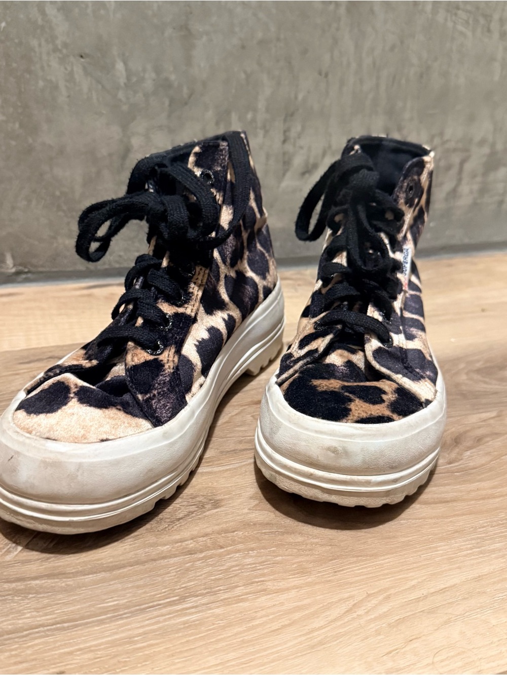 SUPERGA Velvety Leopard Print Platform High-Top Sneakers - Black/Tan
